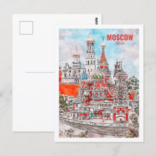 Moskou Rusland Beroemde Travel Waterverf Sketch Briefkaart
