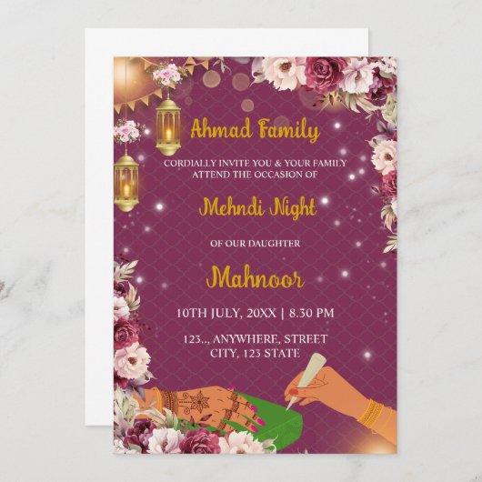 Moslim Mehndi Uitnodiging, Henna Uitnodiging (Voorkant / Achterkant)