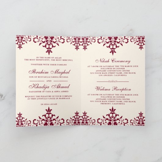 Moslimhuwelijk tussen Cream en Bourgogne Damask (Binnen)