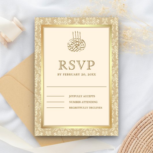 Moslimmoslim van Cream en Gold Damask RSVP Kaartje