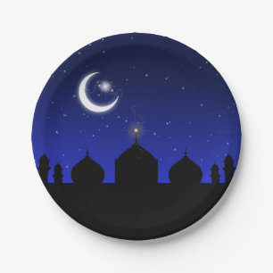 Mosque Silhouette bij nacht - PapierBord Papieren Bordje