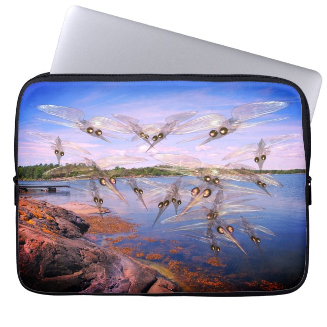 Mosquito swarm, scandinavia fjord, laptop sleeve (Voorkant)