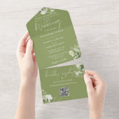 Moss Green Bloemengroen QR Code Trouwen All In One Uitnodiging (Afscheurbaar)