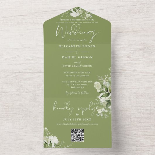 Moss Green Bloemengroen QR Code Trouwen All In One Uitnodiging (Binnen)