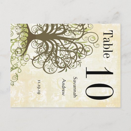Moss Green & Brown Tree Swirl Table Number Briefkaart (Achterkant)