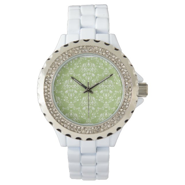 Moss Green Damask Horloge (Voorkant)