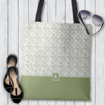 Moss Green Damask Pattern Monogram Canvas tas