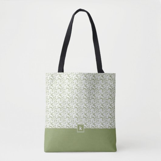 Moss Green Damask Pattern Monogram Canvas tas (Voorkant)