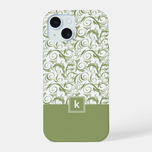 Moss Green Damask Pattern Monogram iPhone 15 Case (Achterkant)