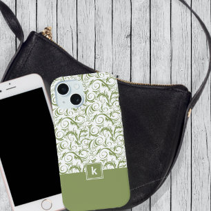 Moss Green Damask Pattern Monogram iPhone 15 Case