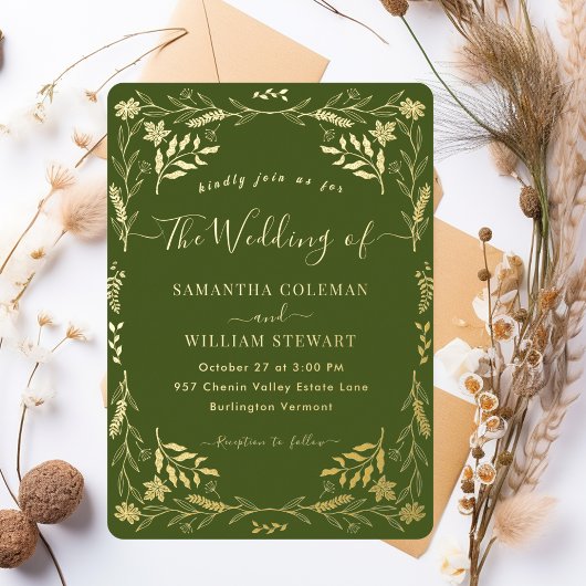 Moss Green Elegant Boho Modern Typography Wedding Folie Uitnodiging