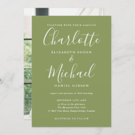 Moss Green Elegant Modern Script Fotobruiloft Kaart