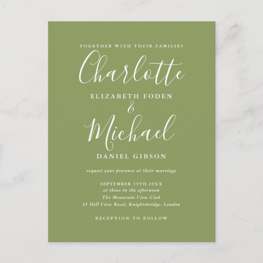 Moss Green Elegant Modern Script Wedding Uitnodiging Briefkaart (Voorkant)