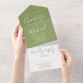 Moss Green Elegant Modern Signature Script Wedding All In One Uitnodiging (Afscheurbaar)