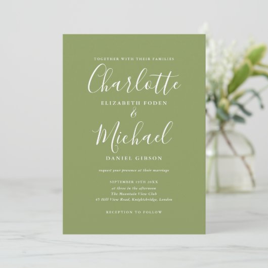 Moss Green Elegant Signature Script Wedding Kaart (Staand voorkant)