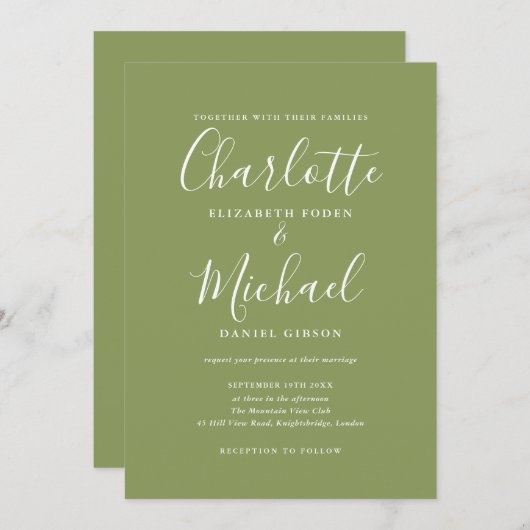 Moss Green Elegant Signature Script Wedding Kaart (Voorkant / Achterkant)