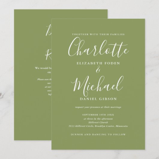 Moss Green Elegante Moderne QR Code Huwelijk Kaart (Voorkant / Achterkant)