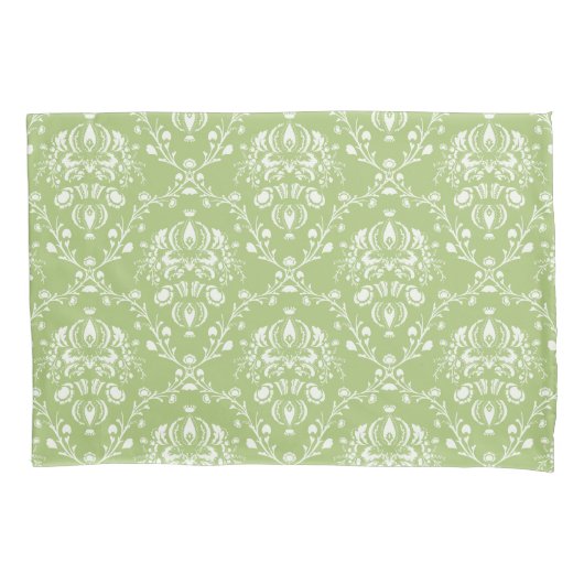Moss Green en White Damask Kussensloop (Voorkant-Links)