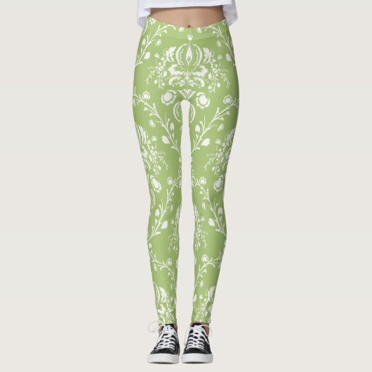 Moss Green en White Damask Leggings (Voorkant)