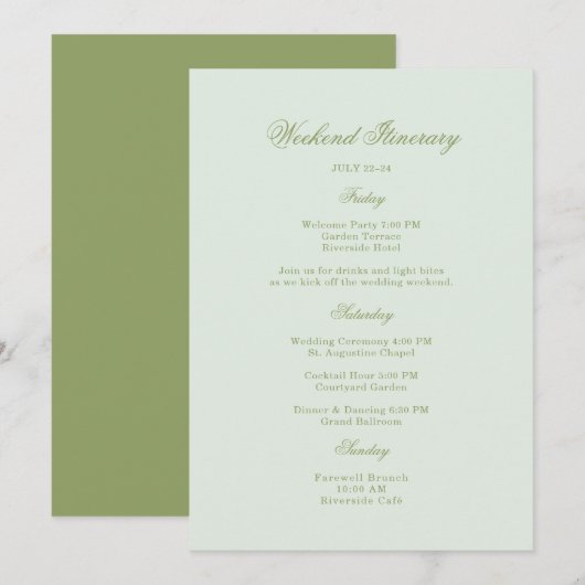 Moss Green Estate Wedding Itinerary Card Kaart (Voorkant / Achterkant)