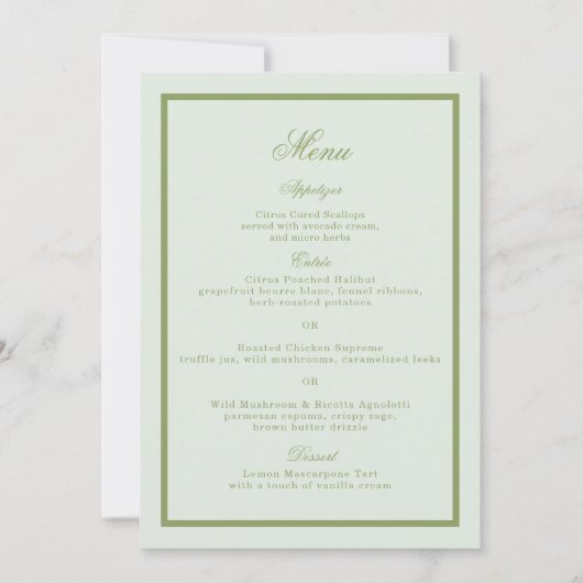 Moss Green Estate Wedding Menu Card Kaart (Voorkant)