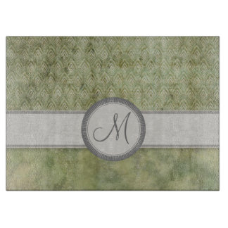 Moss Green Feather Pattern met Grijs Monogram Snijplank
