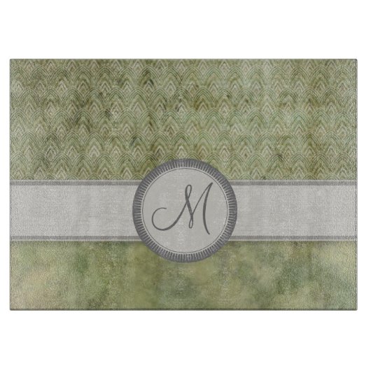 Moss Green Feather Pattern met Grijs Monogram Snijplank (Voorkant)