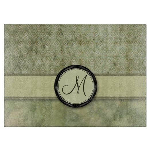 Moss Green Feather Pattern met Monogram Snijplank (Voorkant)