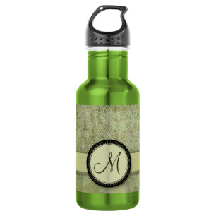 Moss Green Feather Pattern met Monogram Waterfles
