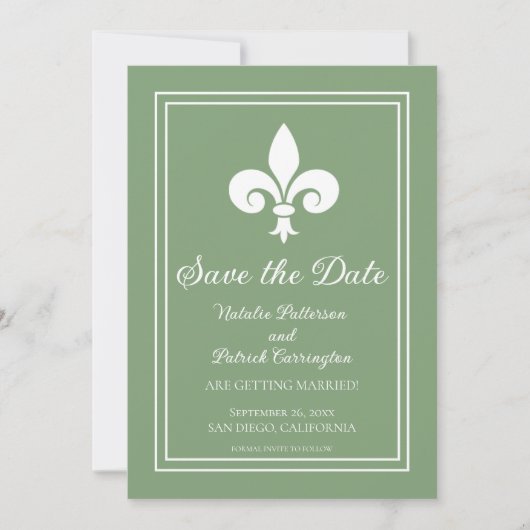 Moss Green Fleur de Lis Save the Date Invite Kaart (Voorkant)