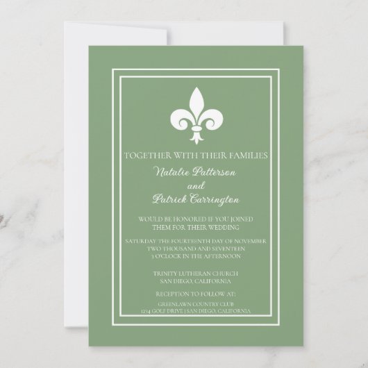 Moss Green Fleur de Lis Wedding Invitation Kaart (Voorkant)