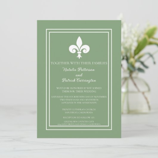 Moss Green Fleur de Lis Wedding Invitation Kaart (Staand voorkant)