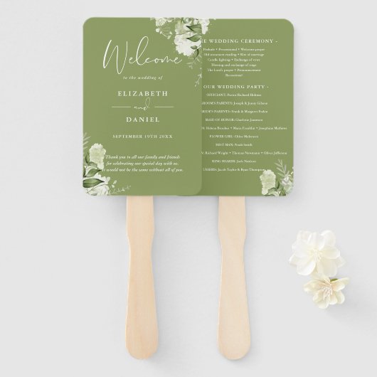 Moss Green Floral Greenery Wedding Programma Handwaaier (Voorkant en achterkant)