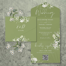 Moss Green Floral QR Code Monogram Huwelijk All In One Uitnodiging