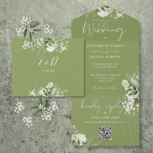Moss Green Floral QR Code Monogram Huwelijk All In One Uitnodiging