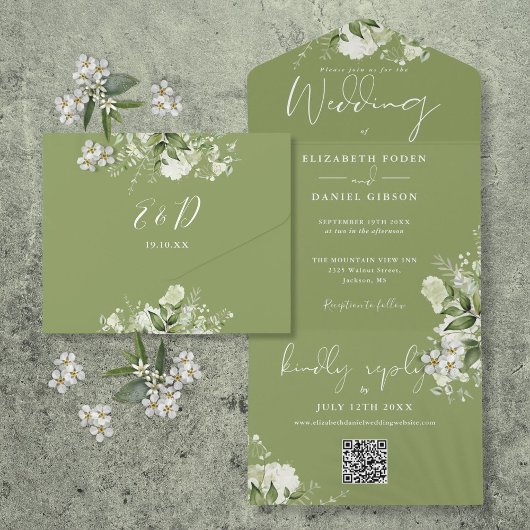 Moss Green Floral QR Code Monogram Huwelijk All In One Uitnodiging