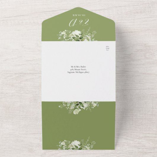 Moss Green Floral QR Code Monogram Huwelijk All In One Uitnodiging (Buitenkant)