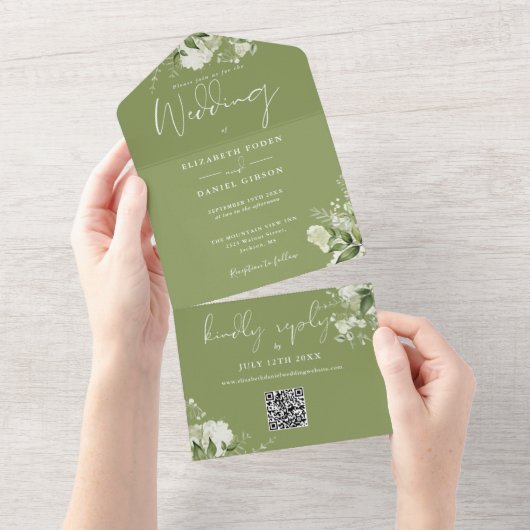 Moss Green Floral QR Code Monogram Huwelijk All In One Uitnodiging (Afscheurbaar)