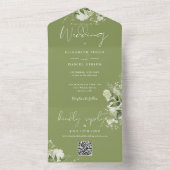 Moss Green Floral QR Code Monogram Huwelijk All In One Uitnodiging (Binnen)