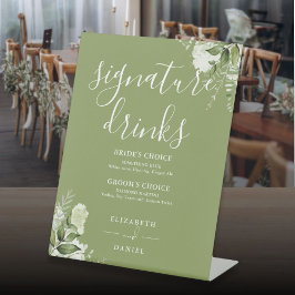 Moss Green Floral Wedding Signature Drinken Reclamebord Met Voetstuk