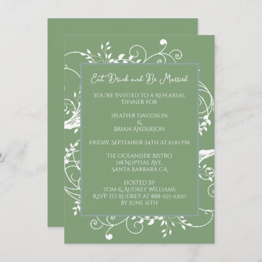 Moss Green Flourish Rehearsal Dinner Invitation Kaart (Voorkant / Achterkant)