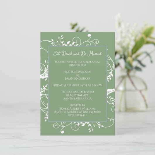 Moss Green Flourish Rehearsal Dinner Invitation Kaart (Staand voorkant)