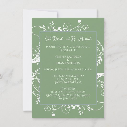 Moss Green Flourish Rehearsal Dinner Invitation Kaart (Voorkant)