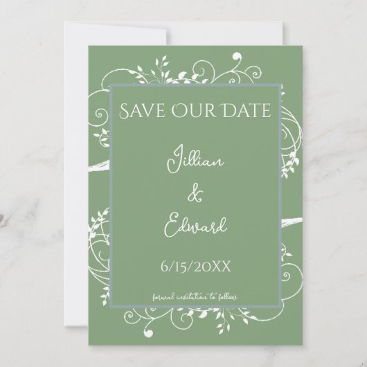 Moss Green Flourish Save the Date Notice Aankondiging (Voorkant)