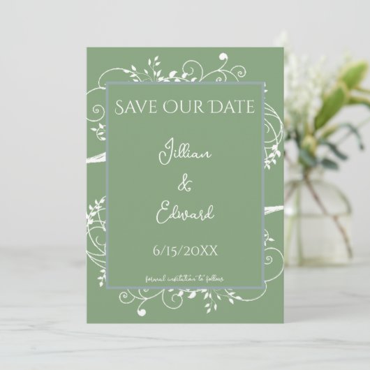 Moss Green Flourish Save the Date Notice Aankondiging (Staand voorkant)