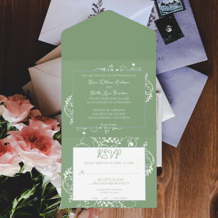 Moss Green Flourish Wedding All-in-One uitnodiging