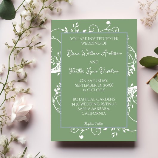 Moss Green Flourish Wedding Invitation Kaart