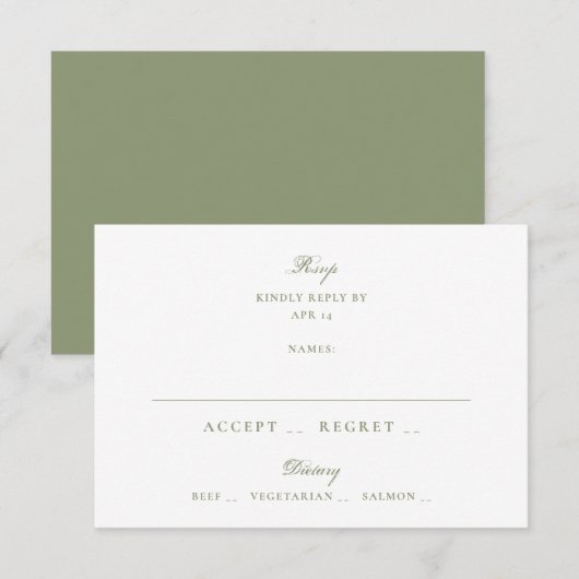 Moss Green Formal Classic Elegant Wedding RSVP Kaartje (Voorkant / Achterkant)