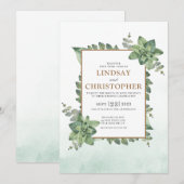 Moss Green Gold Waterverf Succulent Lijst Wedding Kaart (Voorkant / Achterkant)