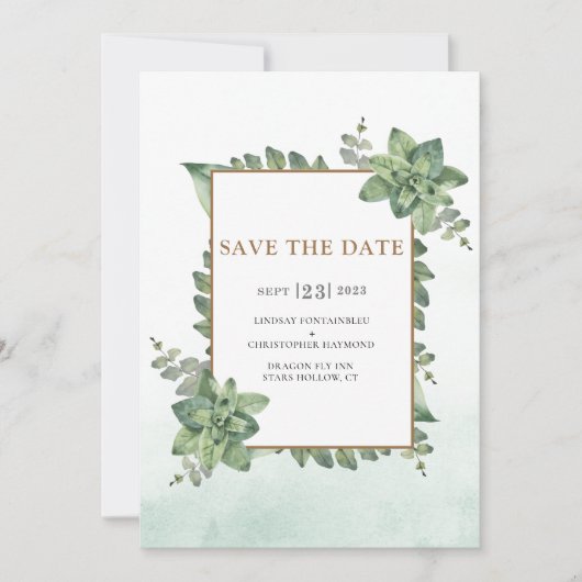 Moss Green Gold Waterverf Succulent Lijst Wedding Save The Date (Voorkant)